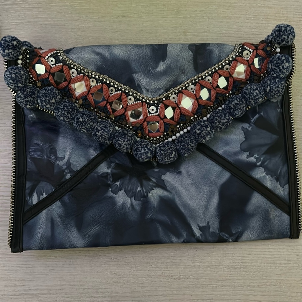 Rebecca Minkoff Dreamy Pom Leo Blue Leather Envelope Clutch-Tie Dye-Bohemian